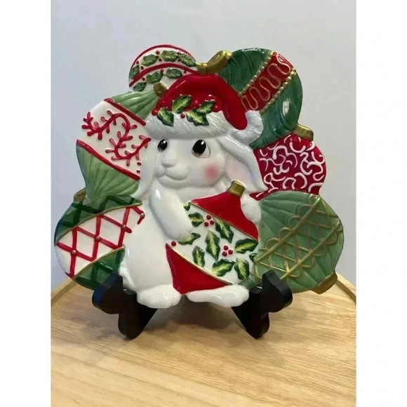 Fitz and Flyod 2004 Essentials Canape Plate Christmas Bunny Blossoms Serveware - Picture 1 of 4
